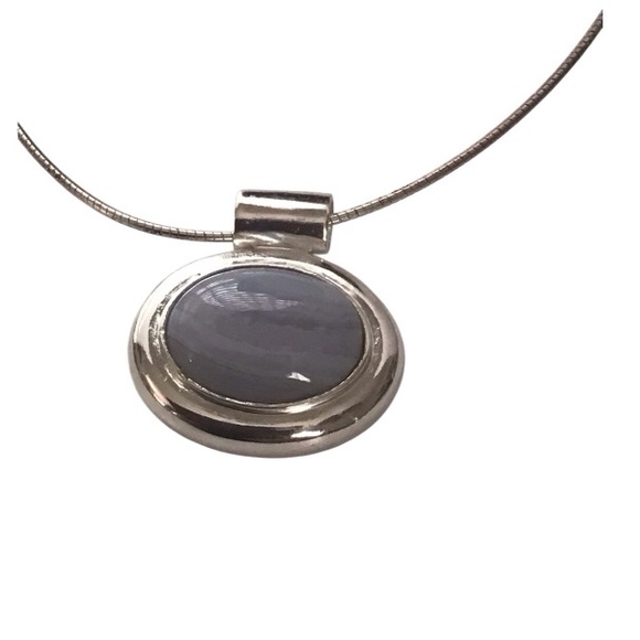Sterling Silver Blue Lace Agate Pendant on Silver tone chain. - Picture 2 of 3